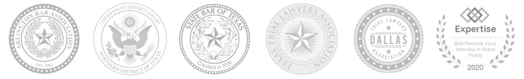 Texas legal assocation logos for the Arlington Bar Association, United States District Court for the Northern District of Texas, State Bar of Texas, Dalls Trail Lawyers Association, and Expertise for Best Personal Injury Attorney 2020