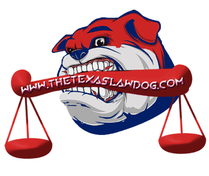 The Texas Law Dog Logo: illustration of red, white, and blue bulldog with scales of justice in his mouth