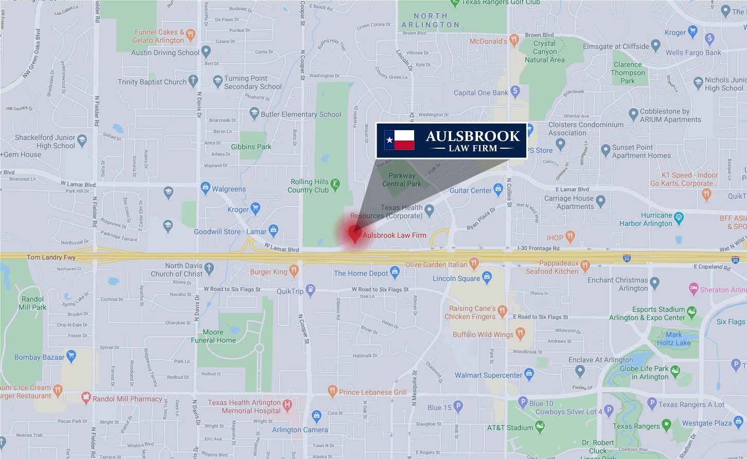 Aulsbrook Law Firm location pinpointed on map with logo