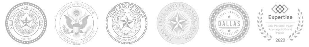 Texas legal assocation logos for the Arlington Bar Association, United States District Court for the Northern District of Texas, State Bar of Texas, Dalls Trail Lawyers Association, and Expertise for Best Personal Injury Attorney 2020