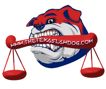 The Texas Law Dog Logo: illustration of red, white, and blue bulldog with scales of justice in his mouth