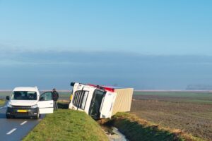 A truck accident in Texas. The truck has rolled over.