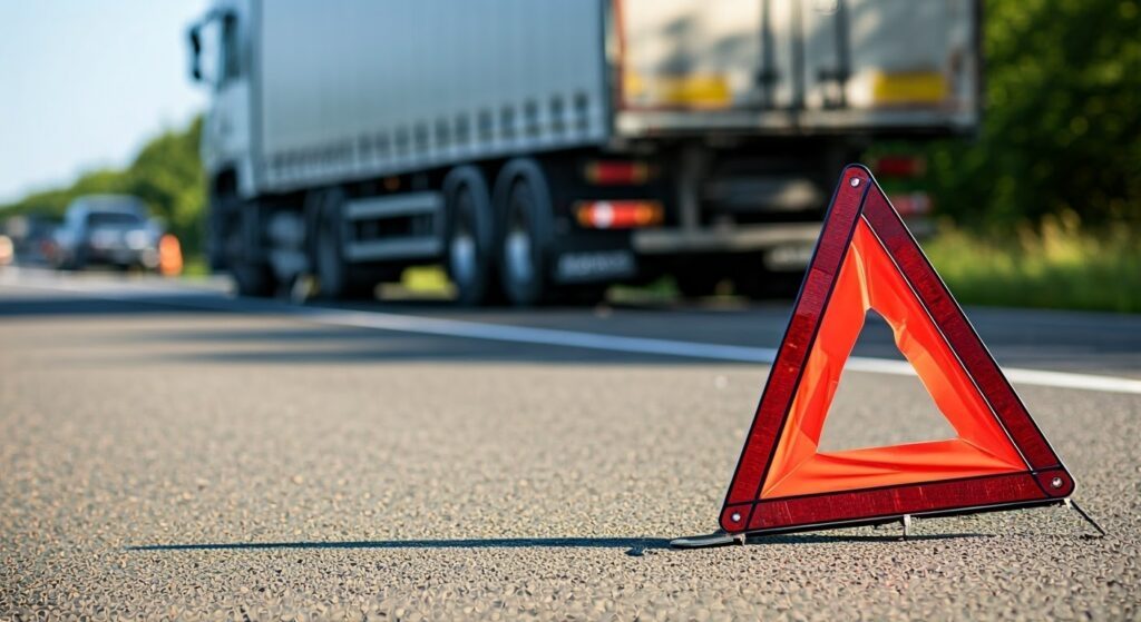 Red triangle in the foreground with a truck involved in an accident in the background, with someone nearby wondering who’s liable when a driverless truck crashes.